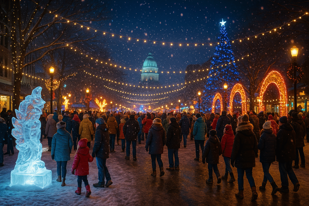 Families watching the Harrisburg Holiday Parade surrounded by festive floats and city lights
