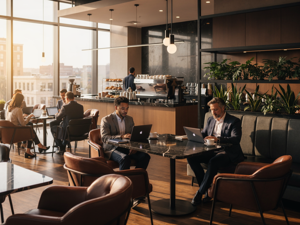 Harrisburg PA coffee shop interior with people working on laptops and Wi-Fi