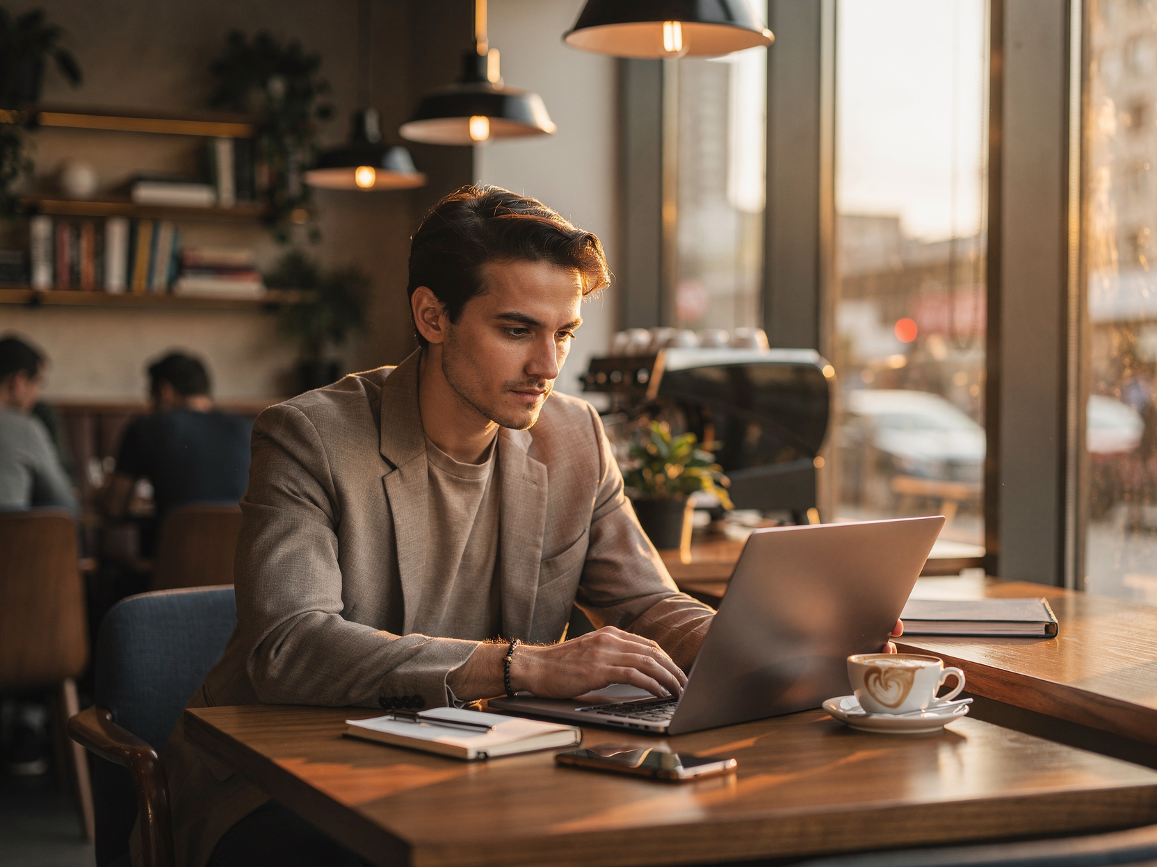 Harrisburg PA coffee shop interior with people working on laptops and Wi-Fi