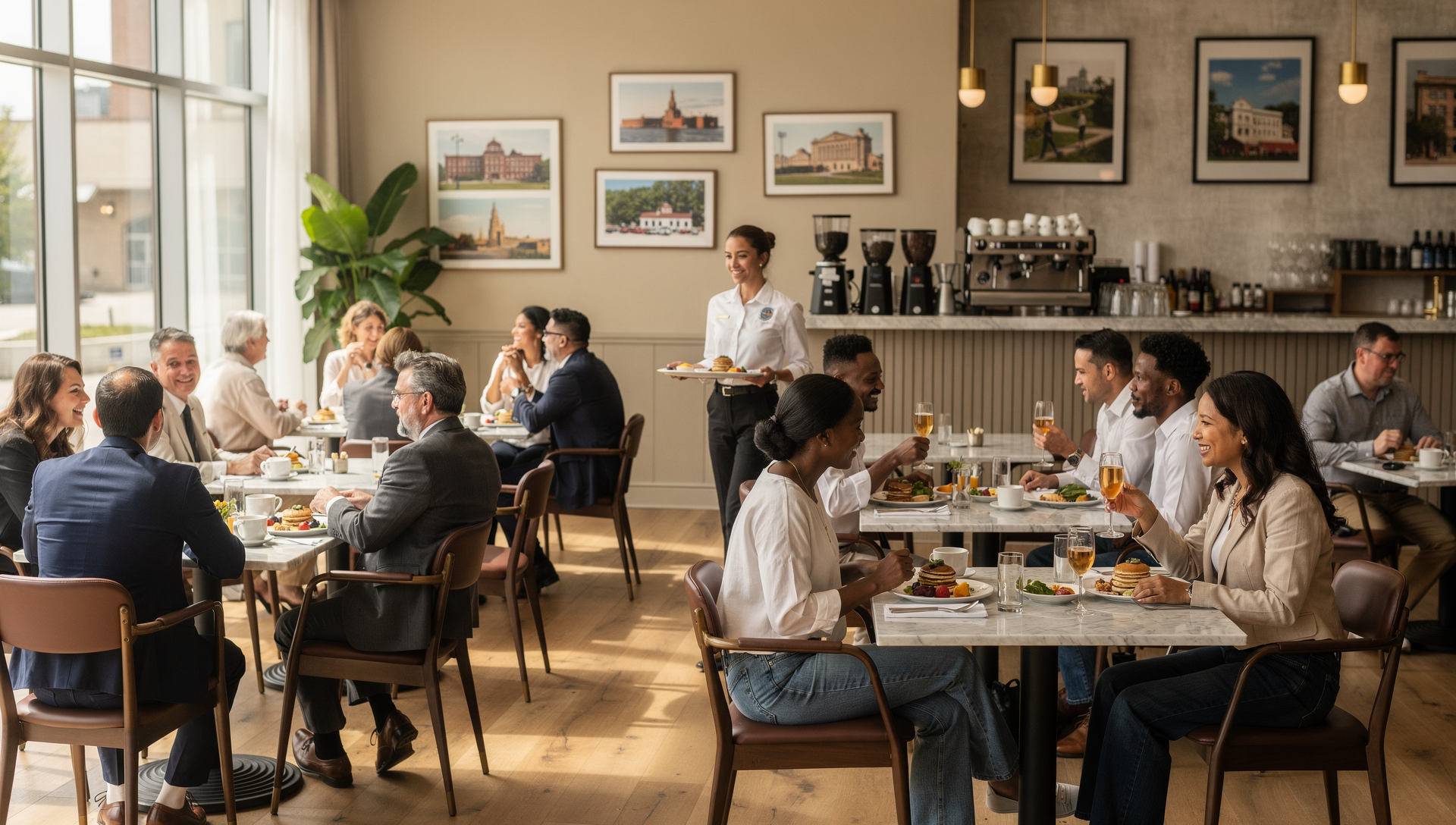Popular brunch restaurant interior in Harrisburg PA with diners enjoying breakfast