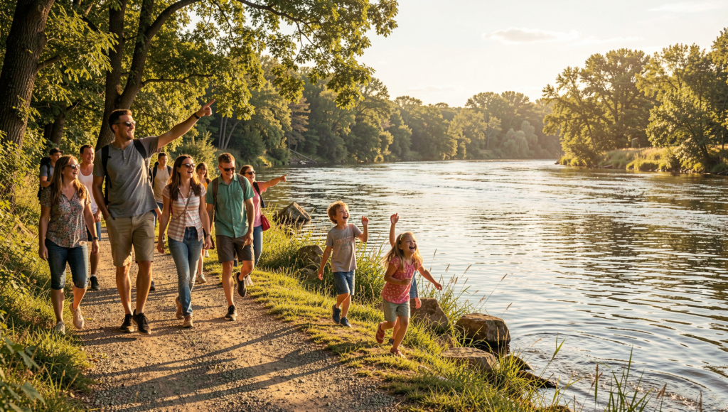 Family walking along Susquehanna River trail in Harrisburg PA with kids