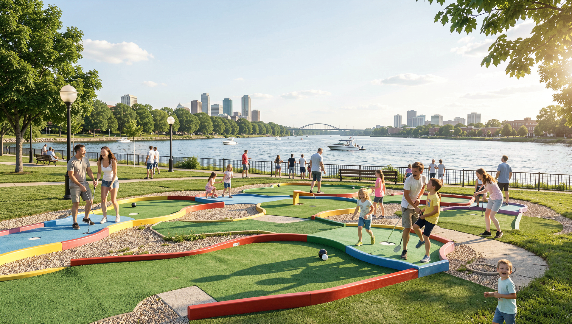 Aerial view of City Island Harrisburg with baseball stadium and river views