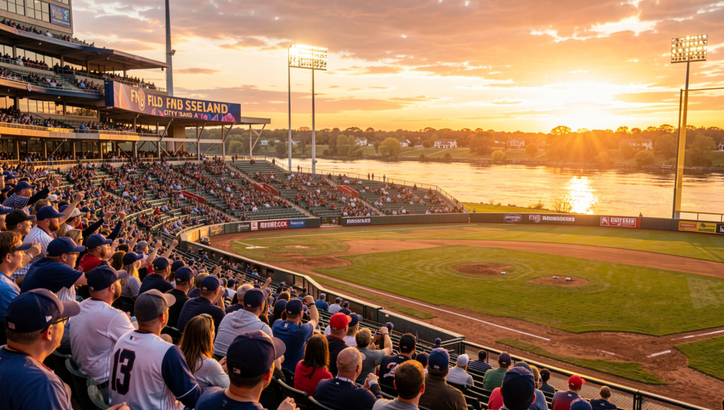 Aerial view of City Island Harrisburg with baseball stadium and river views