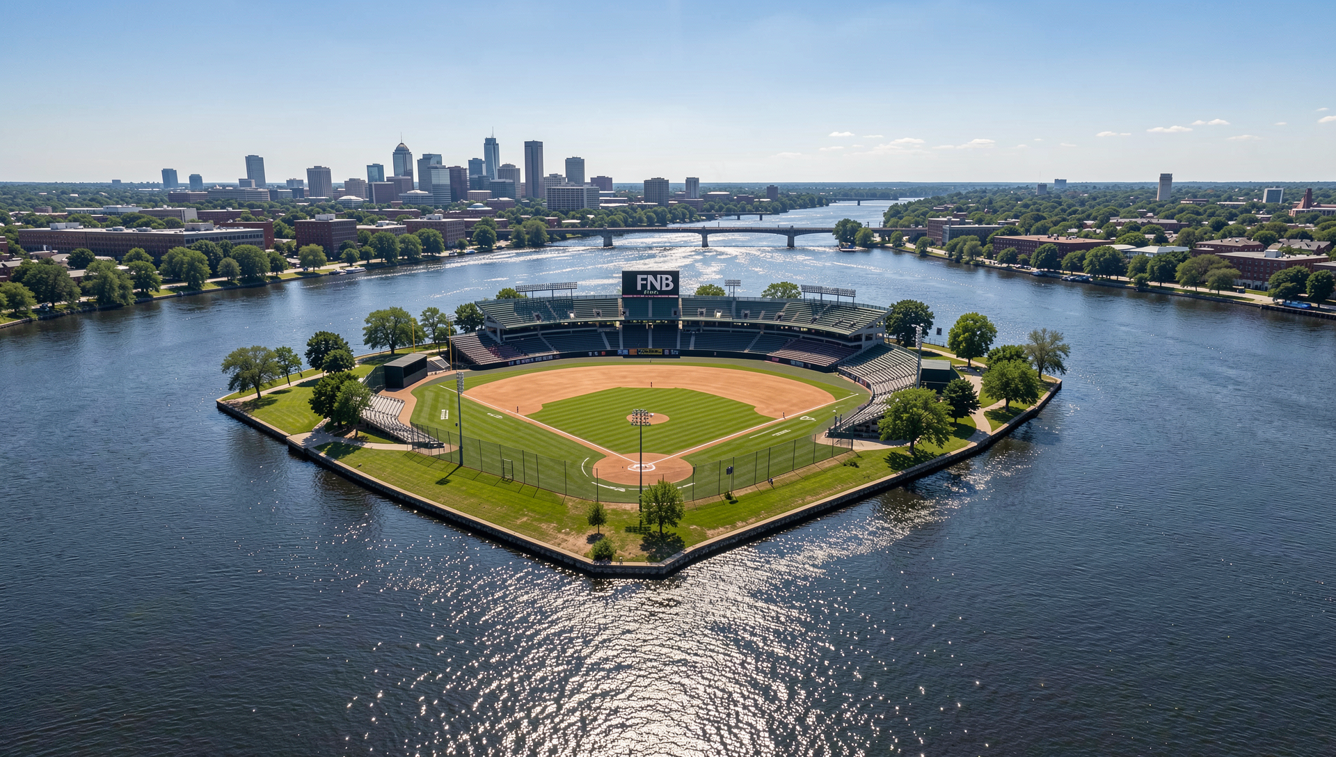 Aerial view of City Island Harrisburg with baseball stadium and river views
